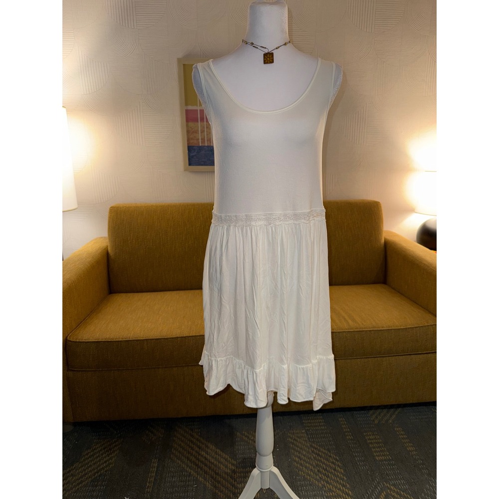 White Sleeveless High Low Ruffle Hem Dress Lace Waist Boho Tunic XS